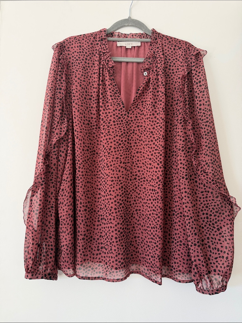 LOFT Dusty Rose Pink Black Dot V-Neck Ruffle Blouse